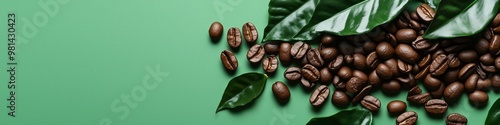 flat lay studio shot of coffee beans with green leaves on matte green background