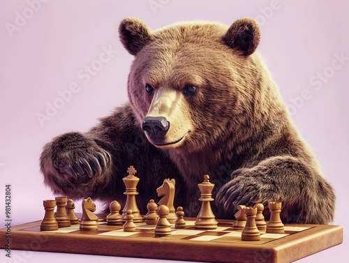 bear playing chess on light lavender background