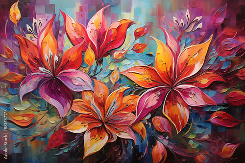 Painted on Canvas Vibrant Abstract Floral Artwork with Bold Colors and Geometric Background