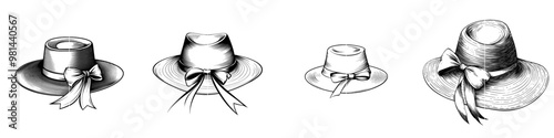 An illustration of a women's hat in continuous line art. A black linear design isolated on a white background. An illustration of a woman's summer panama with a ribbon decoration.