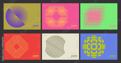 Minimal Bauhaus Abstract Posters Set. Swiss Design composition with geometric shapes. Optical Illusion Background.