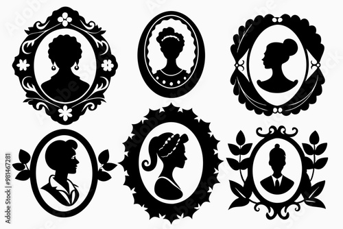 set of black cameo, all different style silhouette