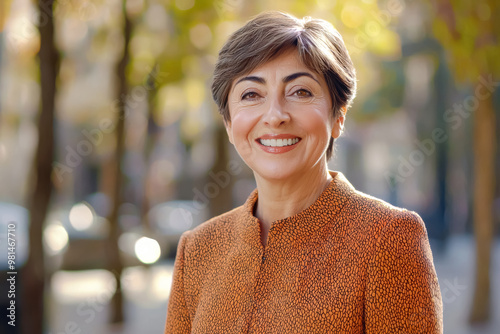 Radiant Autumn Glow. A mature Caucasian woman with short brown hair, smiling warmly in a vibrant orange jacket, amidst golden fall foliage. 