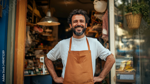 Proud small shopkeeper standing outside their shop, smiling confidently as they prepare for a busy day of business