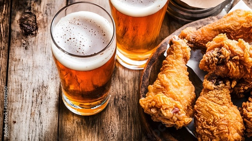 Two glasses of beer and fried chicken on a wooden table.