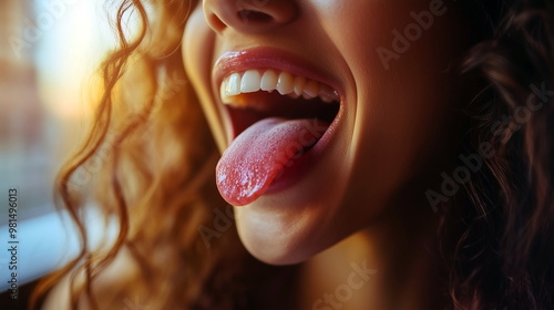 Person cleaning their tongue with a tongue scraper in a bathroom