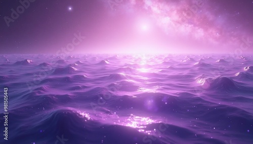 Lavender ocean waves with shimmering starlight on a cosmic ocean with copy space