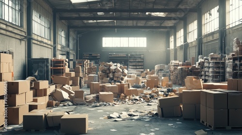 A disarrayed warehouse with boxes haphazardly piled and strewn across the floor, emphasizing the impact of poor organization on warehouse efficiency.