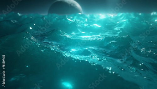 Shimmering teal ocean with celestial stars and ripples with copy space