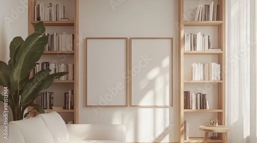 Blank wooden frames hang on a warm apartment wall, complemented by a white sofa and bookshelves filled with books, creating a cozy and inviting atmosphere