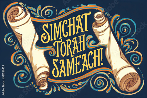  Ornate Torah Scrolls with "Simchat Torah Sameach" Greeting on Dark Blue Background