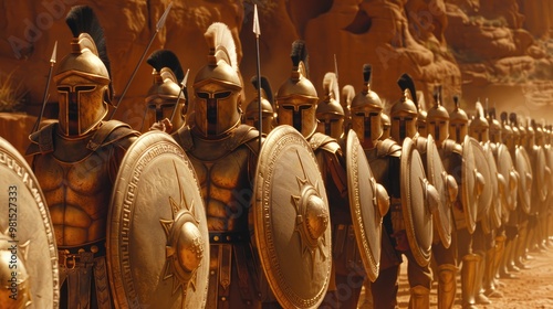 Ancient Greek armies prepare for battle in a desert landscape under a clear sky