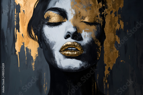 Abstract Acrylic Painting Portrait of a Beautiful Woman in Black and White With Gold Accents, Visible Paint Texture and Strong Brush Strokes 