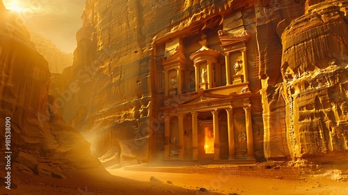 A breathtaking view of Petra's ancient architecture illuminated by golden sunlight in a desert canyon.