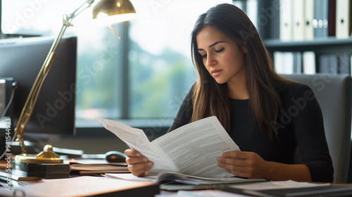 woman engrossed in reading Chapter 13 bankruptcy law documents in a professional office setting. The office should have elements like a desk lamp, legal books, and a computer to cr