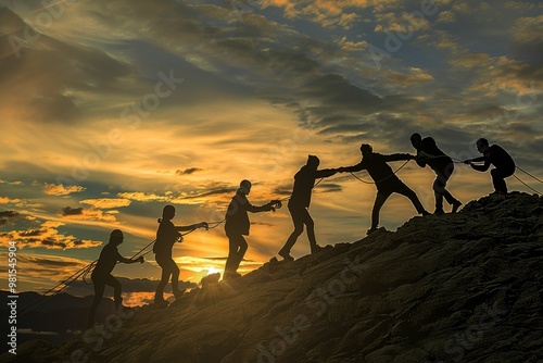 A group of people working together to climb up the side of a mountain, The power of collaboration in achieving greatness