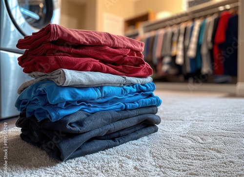 A colorful pile of dirty laundry sits beside a washing machine in a clean room, captured candidly in 2018