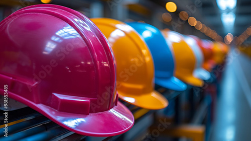 Colorful hard hats lined up on a rack, representing workplace safety in industrial environments.