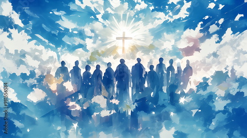 Abstract painting of silhouettes of saints looking at cross in heaven . Hand painted watercolor illustration. 12 apostles. Christian art for card, banner. All Saints Day. All Souls' Day