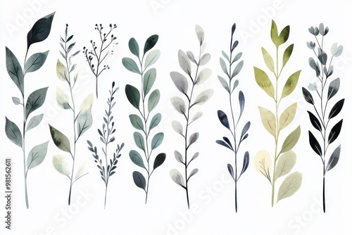 Illustrations of ornamental plants. A collection of watercolor depictions highlighting leaves, stems, and linear patterns. Ideal botanical designs for home styling, wall coverings, and displays