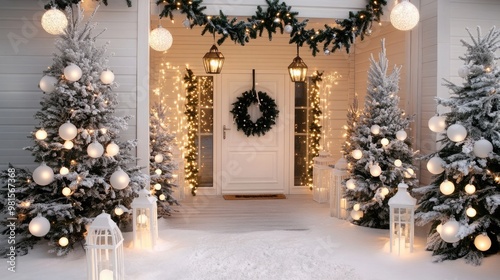 The white front door, decorated with a wreath and garland, stands proudly amidst two snowy Christmas trees, all surrounded by a winter wonderland of greenery and falling snow