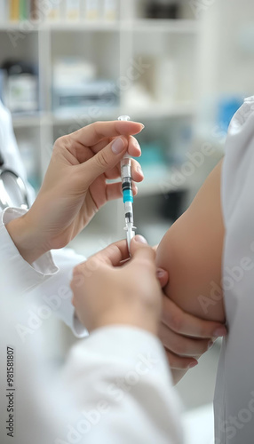 A healthcare professional administering a syringe vaccine to a patient, highlighting the vaccination injection, particularly against COVID-19, ensuring immunity and protection from the pandemic