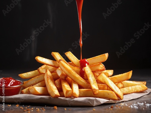 A fresh serving of crispy French fries being drizzled with ketchup on a dark wooden table in a cozy diner setting