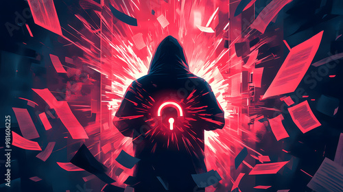 Cybersecurity Breach Concept: Hacker in Dark Hoodie with Glowing Red Lock, Digital Attack Representation