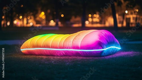 Neon sleeping bag in a city park, vibrant urban camping