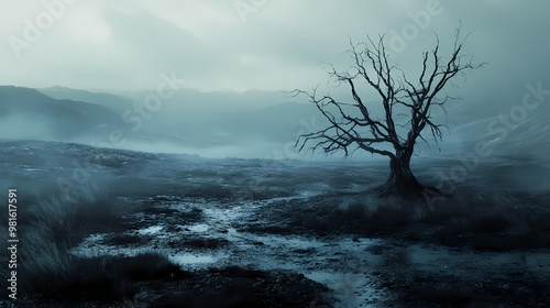 A desolate and eerie landscape that has little life. Eerie. Illustration