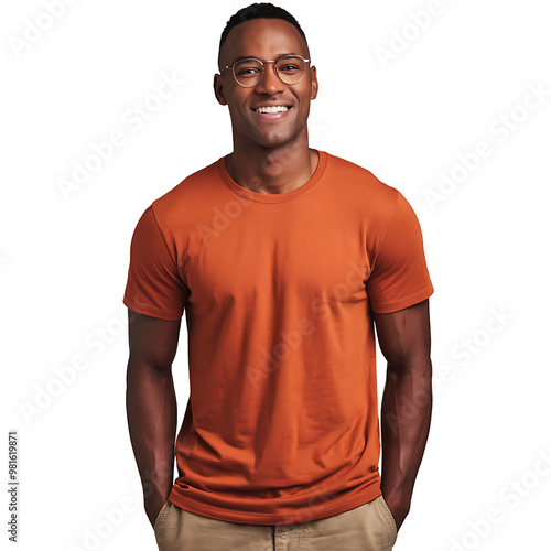 african man smiling while wearing a orange shirt and khaki shorts on transparent background