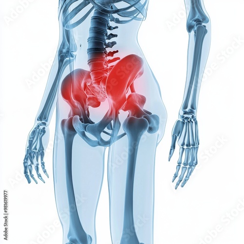 Female skeleton showing sacrum pain with red highlight