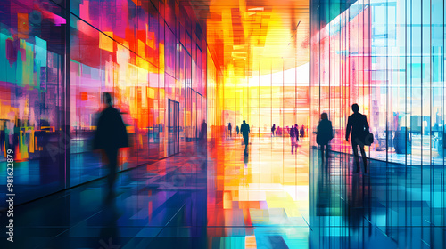 A vibrant, modern office lobby with people walking and colorful reflections. the glass walls and bright lighting create an energetic atmosphere. Energetic. Illustration