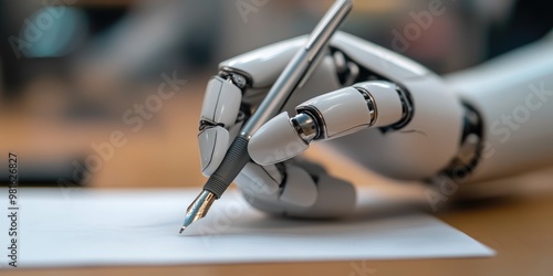 Robotic Hand Holding a Pen Writing on White Paper: Symbolizing Digitization and AI Artificial Intelligence