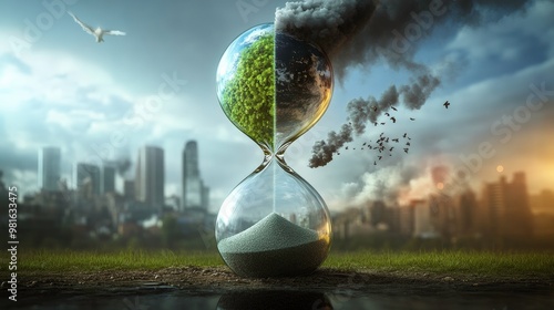 Time is Running Out: An Hourglass Highlights the Contrast Between a Thriving Planet and Environmental Decay