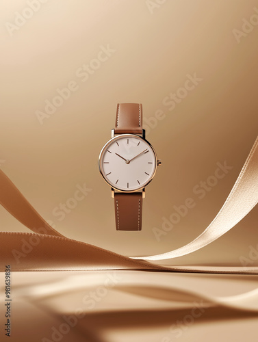 Beautiful gold luxury fashionable watch with a white dial and brown strap on a beautiful beige background with decorative ribbons with space for text, logo or inscriptions 