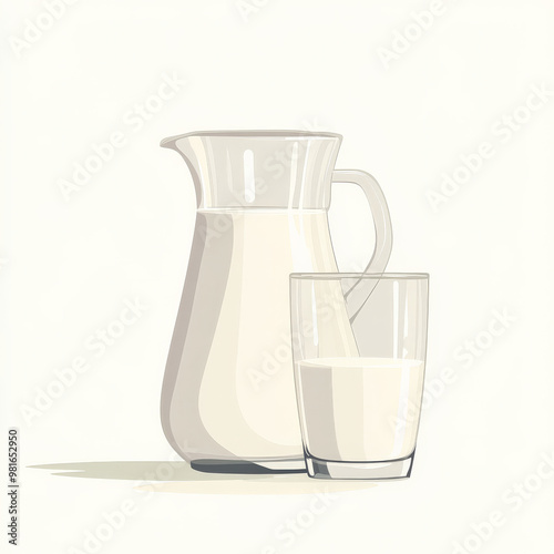 Flat design of a milk jug and glass, with minimalistic shading and a clean color palette, on a white background.