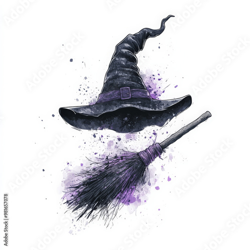 A flat-designed witch's hat and broomstick crossed together, rendered in black with purple accents, centered on a white background.