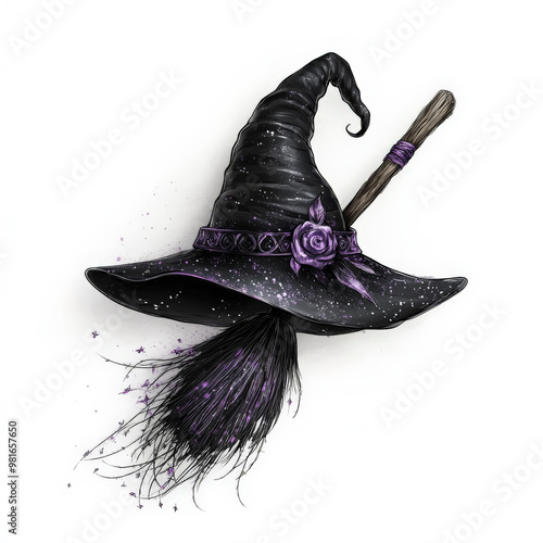 A flat-designed witch's hat and broomstick crossed together, rendered in black with purple accents, centered on a white background.