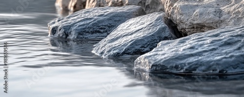 Calm water washing over rocky shore, tranquil