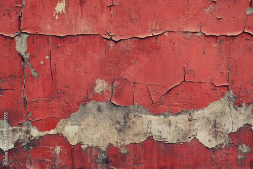 A grunge wall texture in faded red, with deep cracks, scratches, and chipped paint, creating a well-worn, industrial appearance.