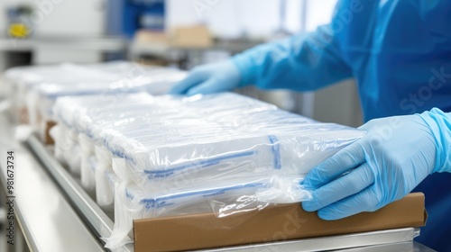 A gloved hand carefully places a package onto a conveyor belt in a sterile factory setting.