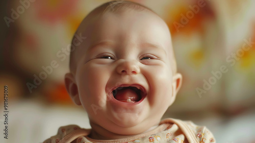 A baby with a huge, joyous smile and a few tiny teeth.