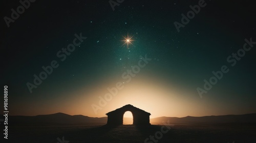 Nativity. Silhouette of a stable in the desert with starry sky and bright comet.