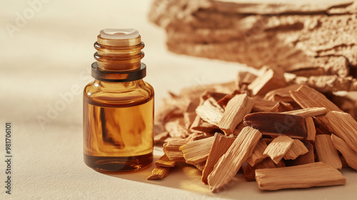 sandalwood essential oil with sandalwood chips and sandalwood tree bark against an isolated soft light beige background