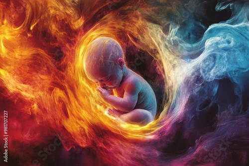 A human embryo surrounded by vibrant cosmic colors and swirling flames in a surreal depiction of creation and life