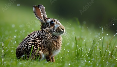 Mountain hare resting in lush green grass after a refreshing rain