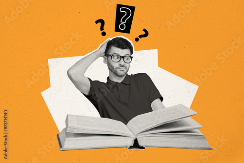 Trend artwork sketch image 3D photo collage of silhouette person young man confused fool dont know ask question think huge book open page