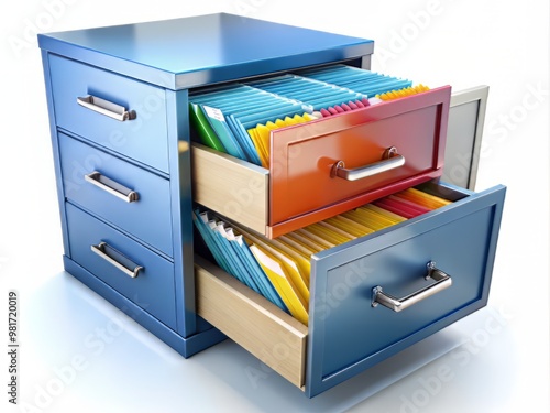 A detailed illustration of a file cabinet with colorful folders and documents organized by categories to represent the process of documentation and archiving