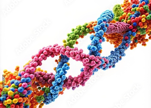 Illustration of a chromosome with brightly colored genes and nucleotides in a 3D perspective, set against a clean white backdrop to highlight the detailing and precision